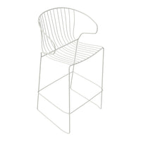 Modern white wire bar stool with a sleek, minimalist design and open, geometric pattern. Perfect for contemporary decor.