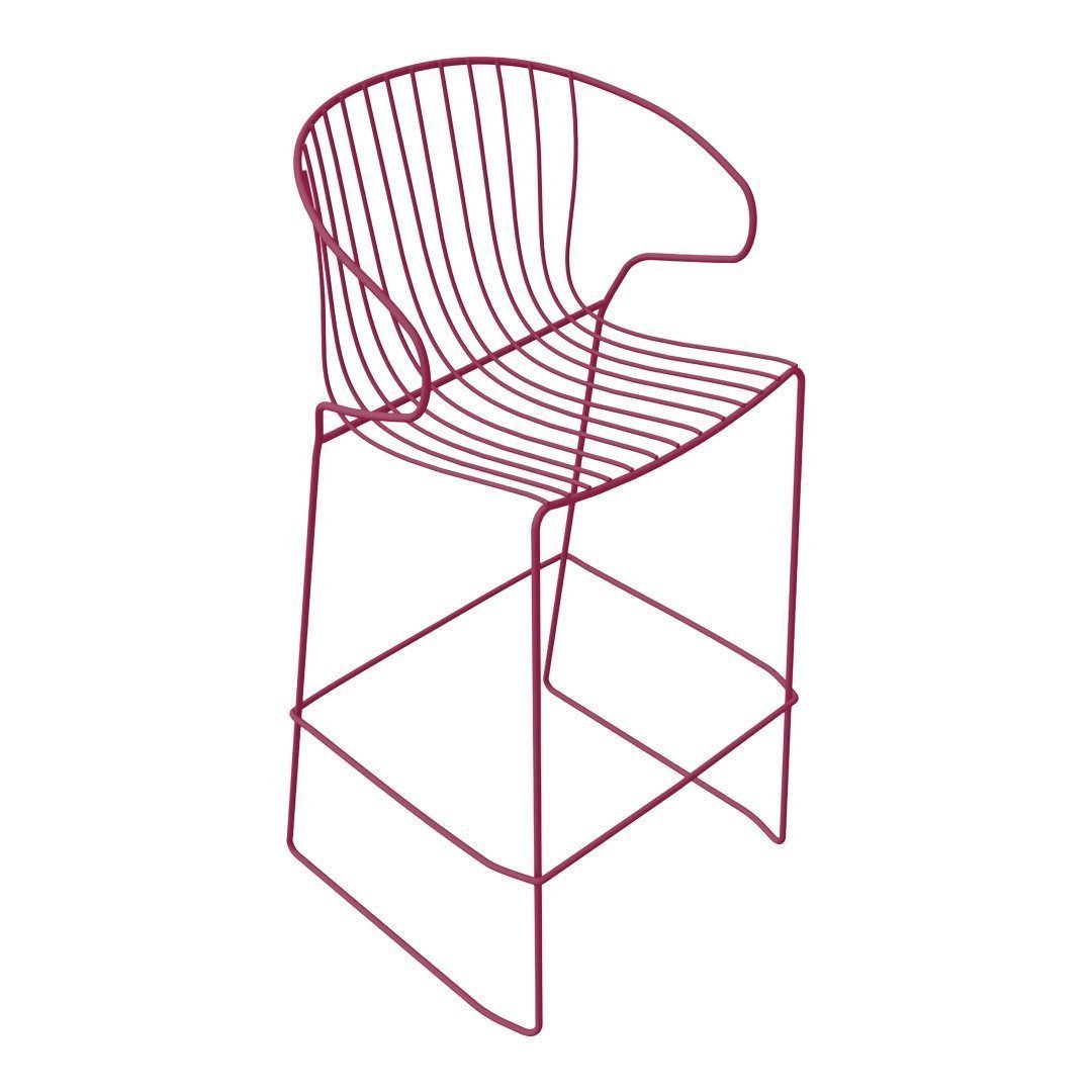 Modern wire bar stool in burgundy with sleek curved lines and an open design, perfect for contemporary decor.
