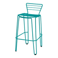 Teal metal bar stool with a minimalist striped design and sleek, modern silhouette. Perfect for contemporary spaces.
