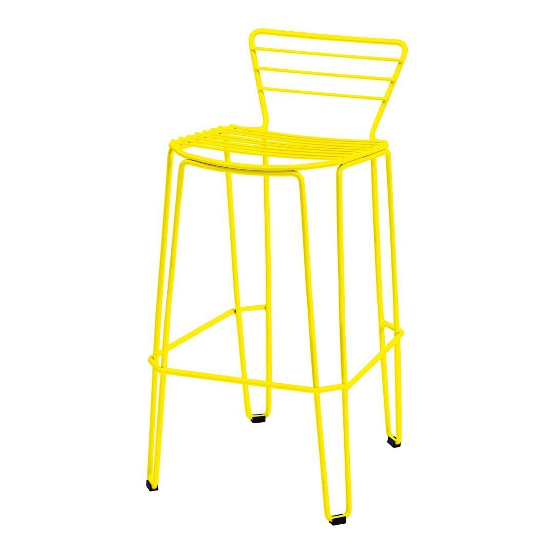 Bright yellow wire bar stool with a minimalist design and sleek vertical and horizontal lines. Ideal for modern decor.