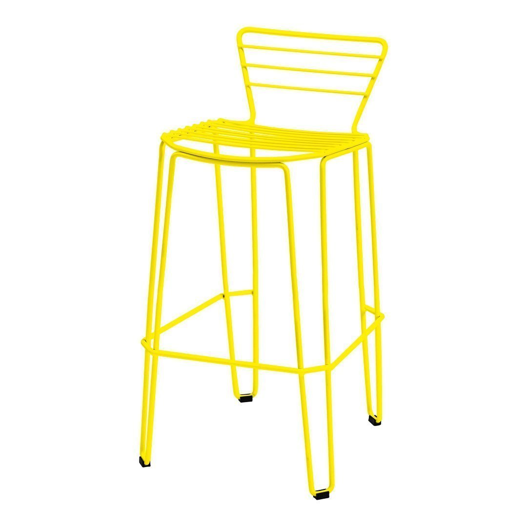Bright yellow metal barstool with a minimalist design and stripe pattern in the backrest. Perfect for modern decor.