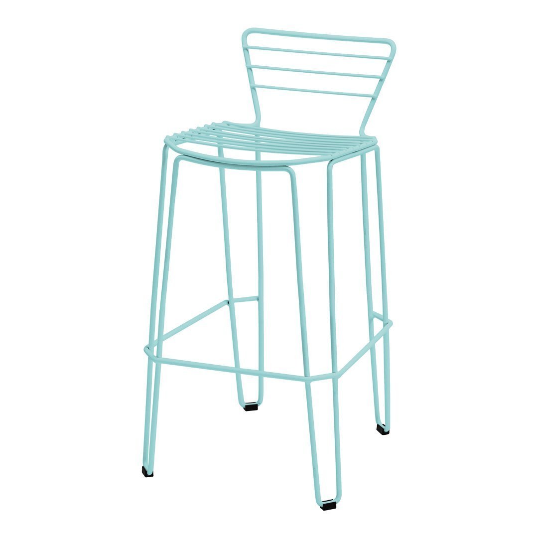 Aqua blue, minimalist wire bar stool with horizontal stripe pattern and sleek, modern design. Perfect for contemporary decor.