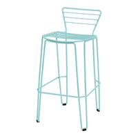 Aqua blue, minimalist wire bar stool with horizontal stripe pattern and sleek, modern design. Perfect for contemporary decor.
