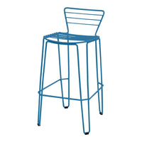 "Modern blue wire bar stool with a sleek striped design and minimalist frame."