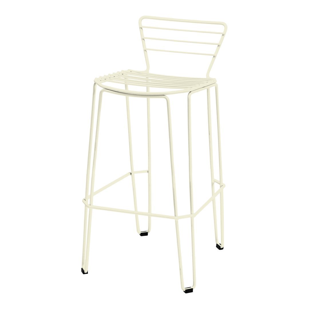 White metal bar stool with minimalist design and sleek lines, featuring a simple wire pattern for modern decor.