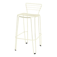 White metal bar stool with minimalist design and sleek lines, featuring a simple wire pattern for modern decor.