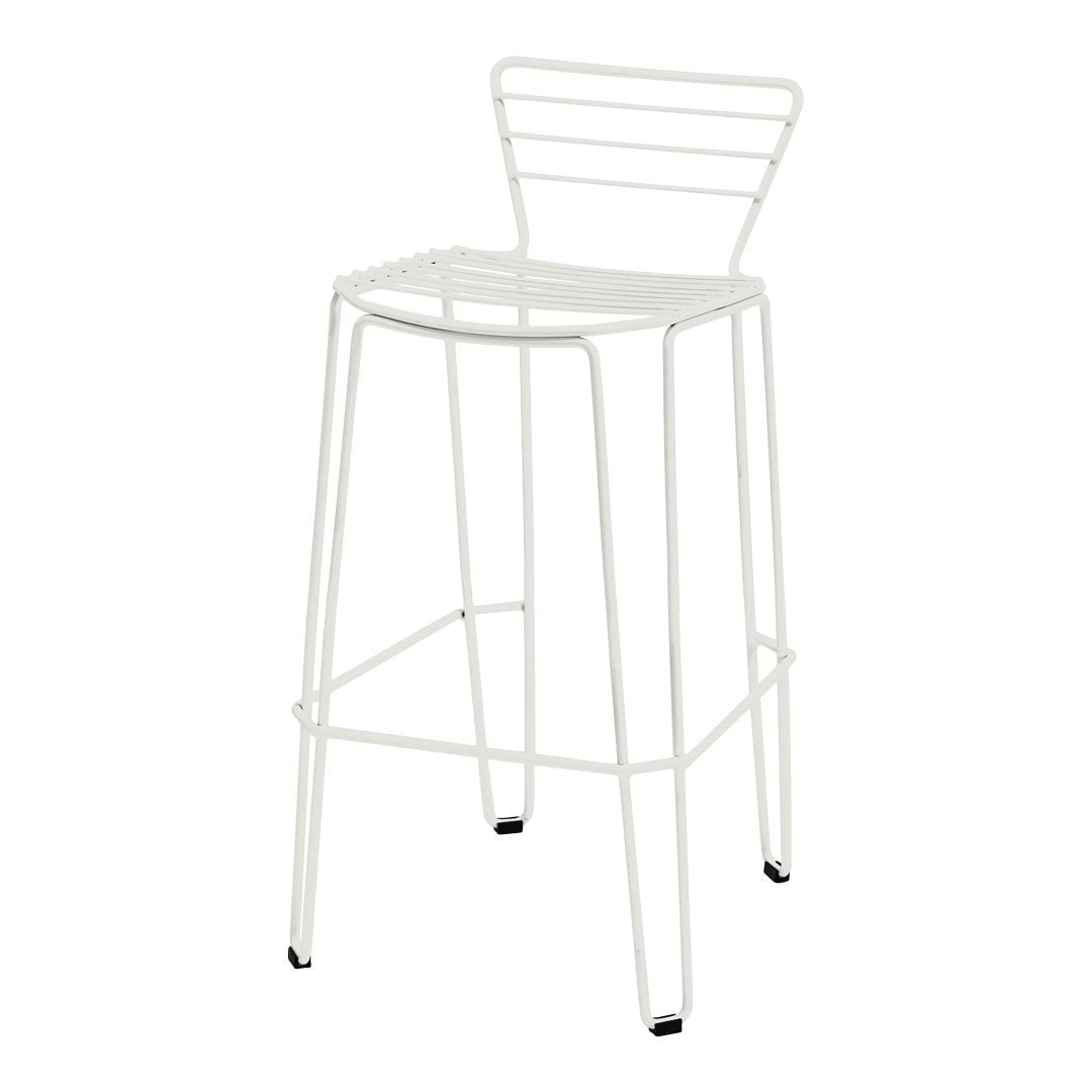 White wire bar stool with a minimalist design and sleek horizontal slats. Modern and versatile for any decor.