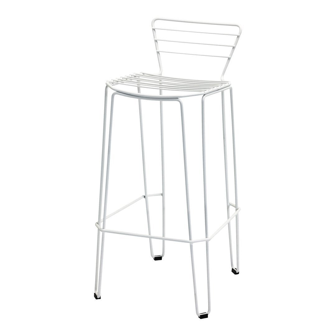 White wire bar stool with a sleek, minimalist design and horizontal line pattern on the backrest.