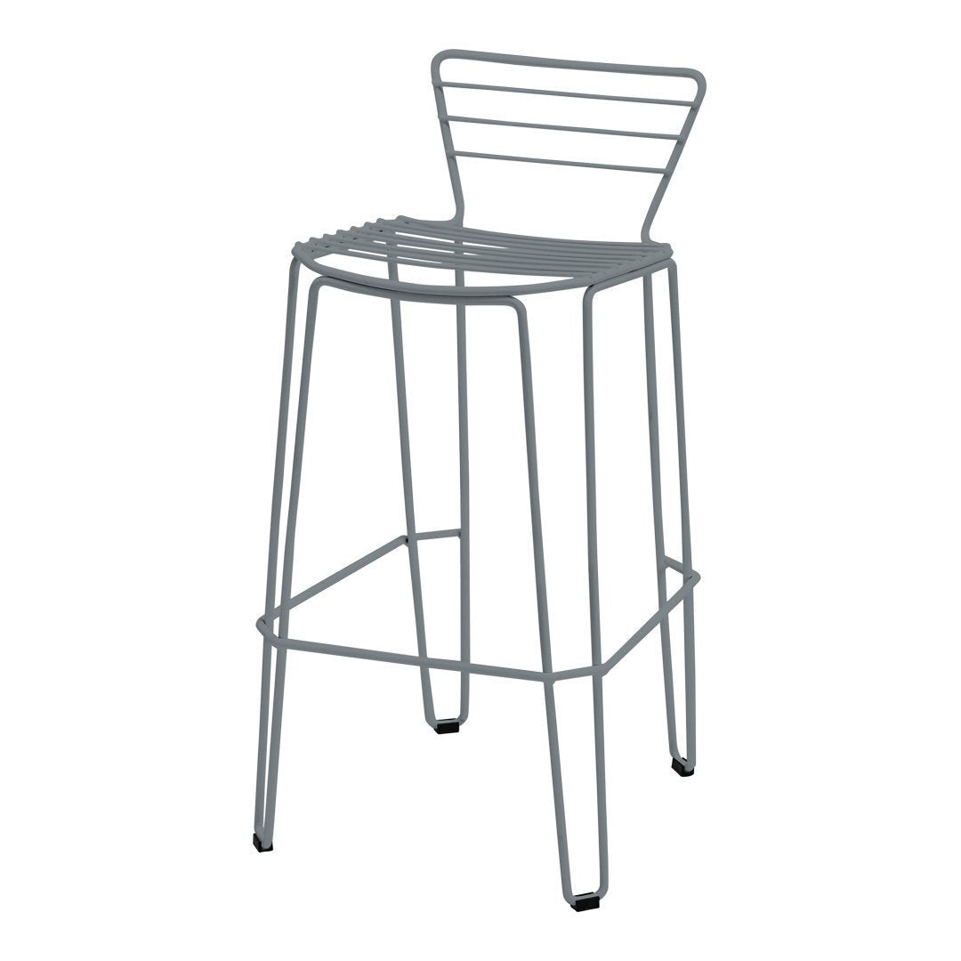 Gray metal bar stool with a sleek, minimalist design and horizontal line patterns. Perfect for modern decor.