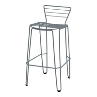 Gray metal bar stool with a sleek, minimalist design and horizontal line patterns. Perfect for modern decor.