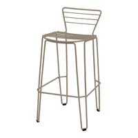 Neutral beige metal bar stool with minimalist striped design and sleek lines, ideal for modern decor.