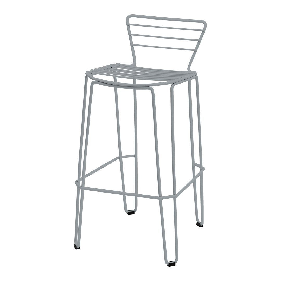 Gray metal bar stool with a minimalist design featuring horizontal slats on the seat and backrest.