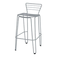 Gray metal bar stool with a minimalist design featuring horizontal slats on the seat and backrest.