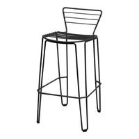 Black metal bar stool with sleek lines and a minimalist design, featuring a modern, open-stripe pattern.