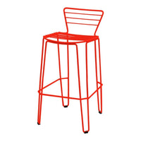 Bright red wire bar stool with horizontal slatted back and seat design. Perfect for modern decor.