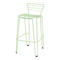 Light green wire bar stool with a minimalist design and horizontal slat pattern. Ideal for modern decor.