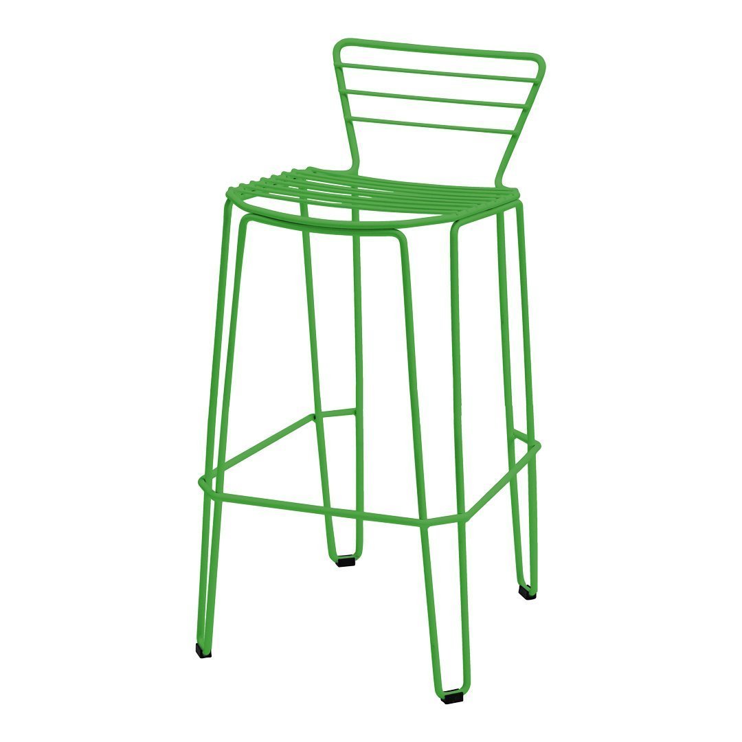 Green metal bar stool with a sleek wire design and geometric patterns. Perfect for modern decor.