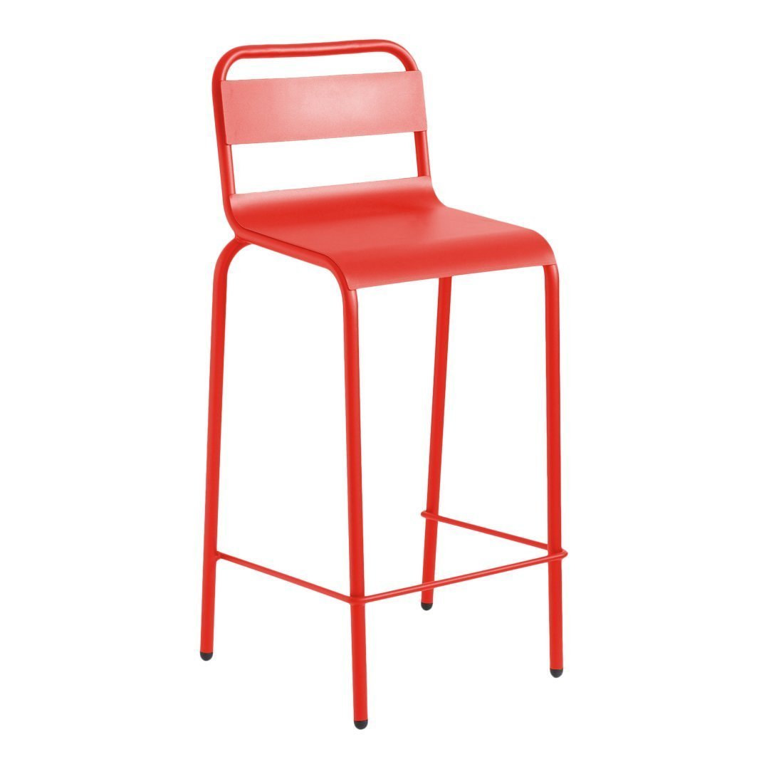 Bright red metal bar stool with a simple, modern design and sleek lines, perfect for contemporary spaces.