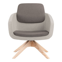Gray and light beige upholstered armchair with minimalist design and wooden tripod legs.