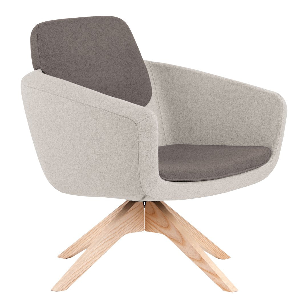 Light gray and dark gray upholstered chair with a natural wood base, featuring a smooth, modern design.