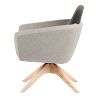 Light gray upholstered chair with a darker gray backrest and natural wood legs, featuring a modern, minimalist design.