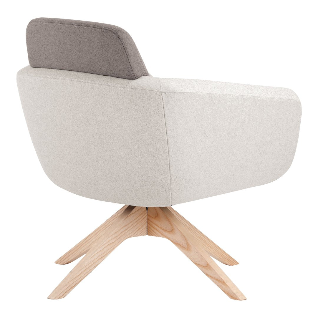 Light gray and beige fabric armchair with a dark gray backrest and natural wood legs. Modern, minimalist design.