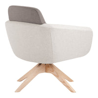 Light gray and beige fabric armchair with a dark gray backrest and natural wood legs. Modern, minimalist design.