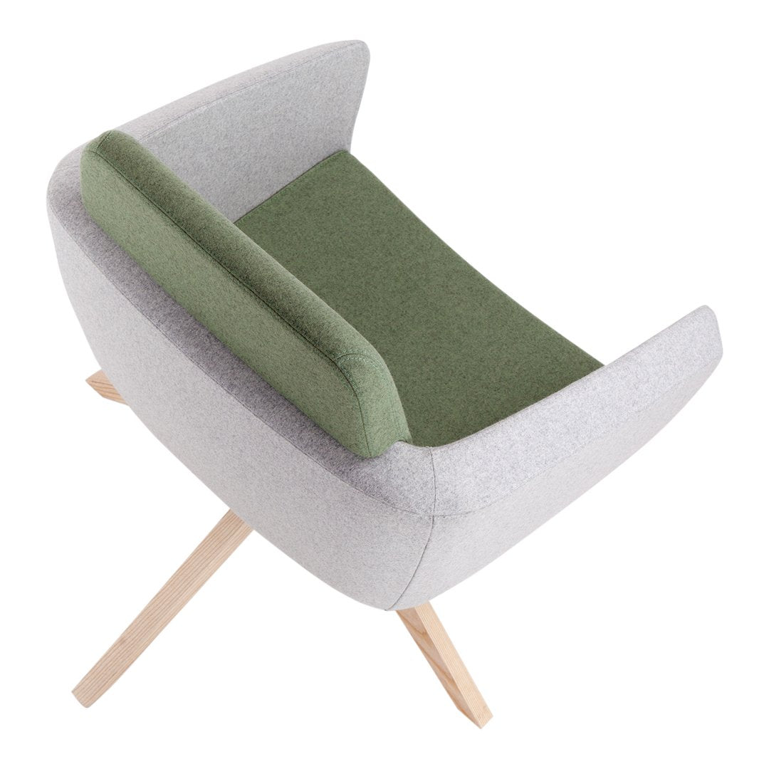 Modern chair featuring a light gray frame with a textured green seat cushion and natural wood legs.