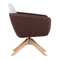 Brown upholstered armchair with a light gray backrest and natural wood legs, featuring a sleek, modern design.