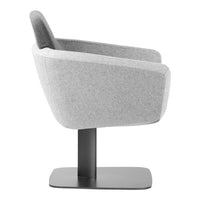 Gray upholstered chair with a sleek black metal base and a modern, minimalist design.