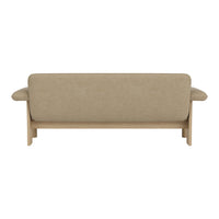 Beige fabric sofa with a smooth texture and minimalist wooden legs, perfect for modern living spaces.