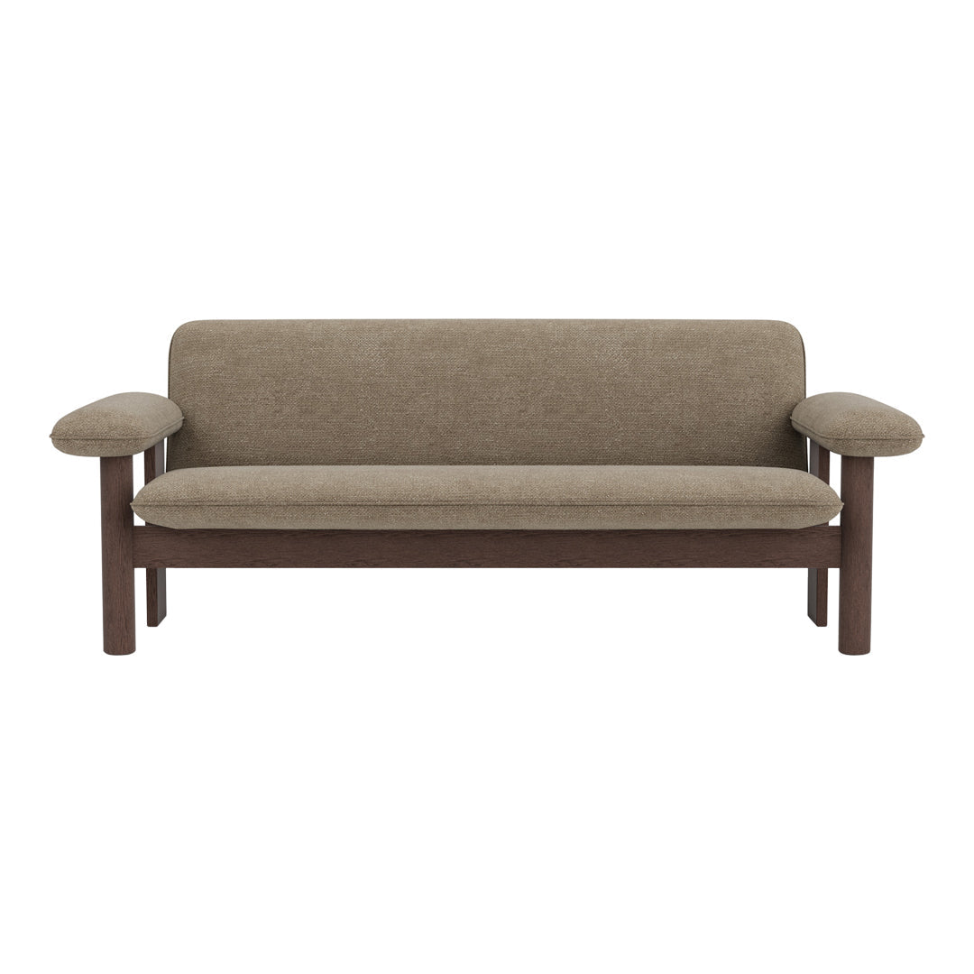 Textured brown fabric couch with sleek wood armrests, ideal for a modern living space.