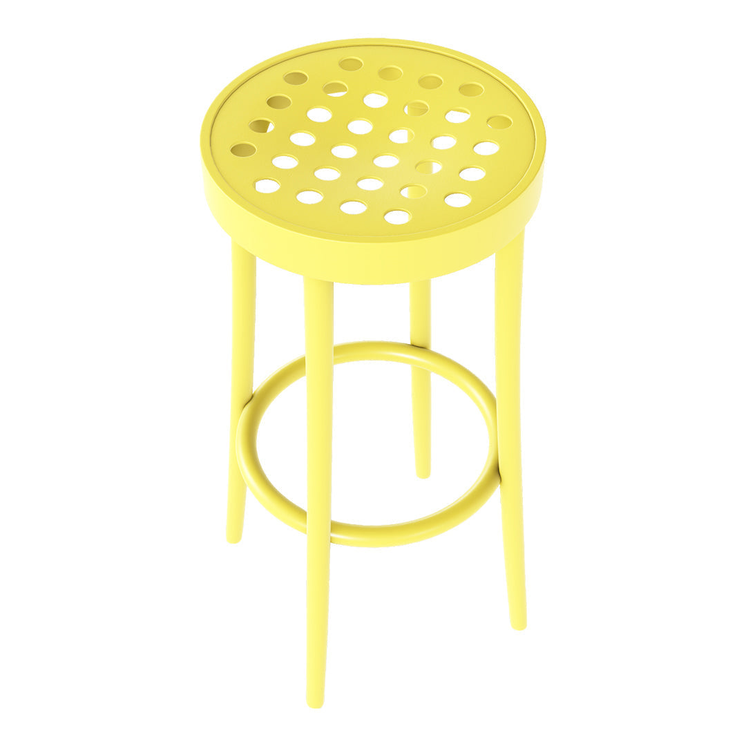 Bright yellow metal stool with a round, perforated seat and sleek legs, perfect for modern decor.