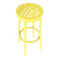 Bright yellow metal stool with a round, perforated seat and sleek legs, perfect for modern decor.