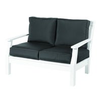Black cushion loveseat with a sleek white wooden frame, ideal for modern outdoor decor.