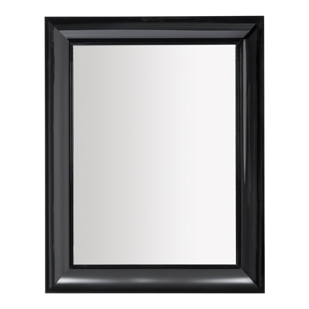 Framed rectangular mirror with a sleek black finish and beveled edges, reflecting a clear, bright surface.