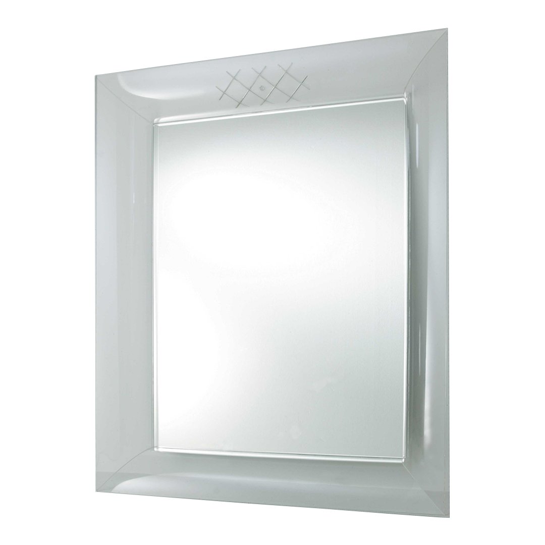 Sleek modern mirror with a clear glass frame and subtle diamond pattern accents.