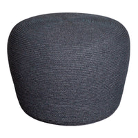 Round black textured pouf with a subtle spiral pattern, ideal for modern decor.