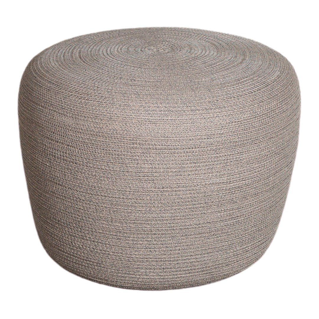 Round, textured pouf in soft gray, featuring a woven pattern that adds a modern touch to any decor.
