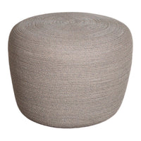 Round, textured pouf in soft gray, featuring a woven pattern that adds a modern touch to any decor.
