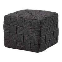 Black woven pouf with a textured pattern, featuring a sturdy square shape for versatile home decor.