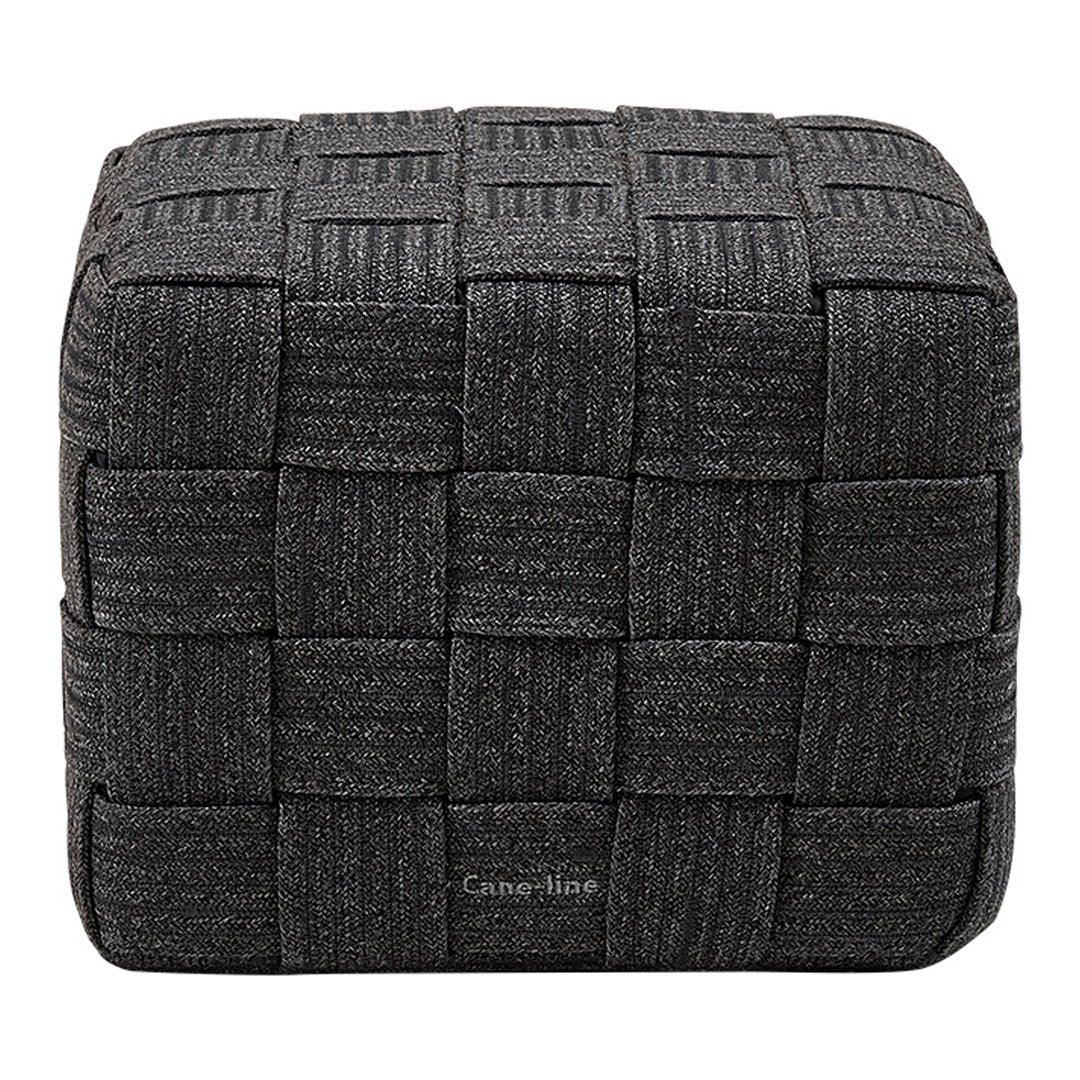 Gray woven pouf with a textured, checkerboard pattern, adding a modern touch to any space.