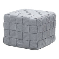 Gray woven cube pouf with textured pattern and subtle zigzag detailing. Perfect for modern decor.