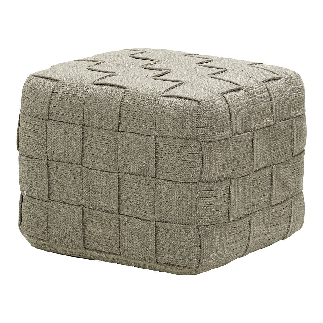 Beige woven pouf with a textured square pattern, adding a stylish touch to any decor. Perfect for indoor or outdoor use.