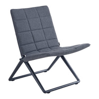 Gray upholstered chair with a quilted pattern, featuring a sleek black metal frame. Perfect for modern decor.