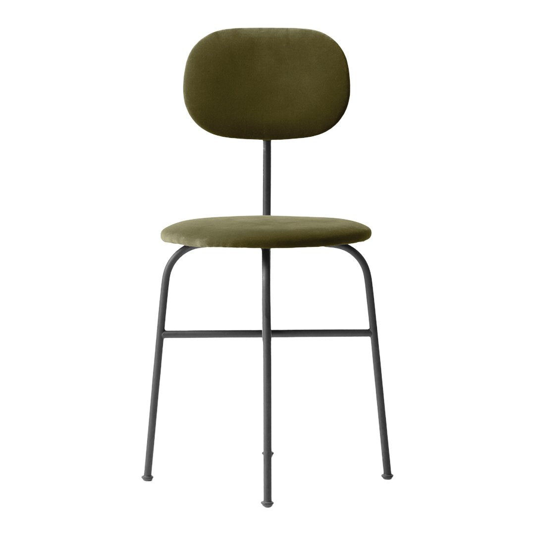 Olive green upholstered chair with a smooth, minimalist design and sleek black metal legs.