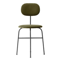 Olive green upholstered chair with a smooth, minimalist design and sleek black metal legs.