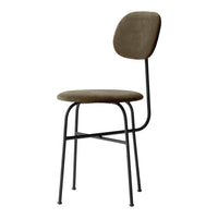 Olive green upholstered dining chair with a sleek black metal frame, featuring a minimalist design.