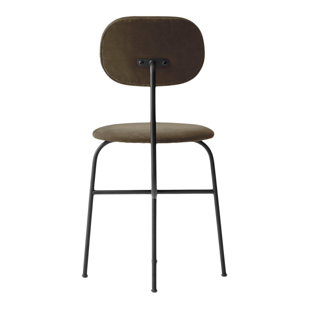 Olive green chair with a smooth fabric finish and simple black metal legs, offering a modern minimalist design.