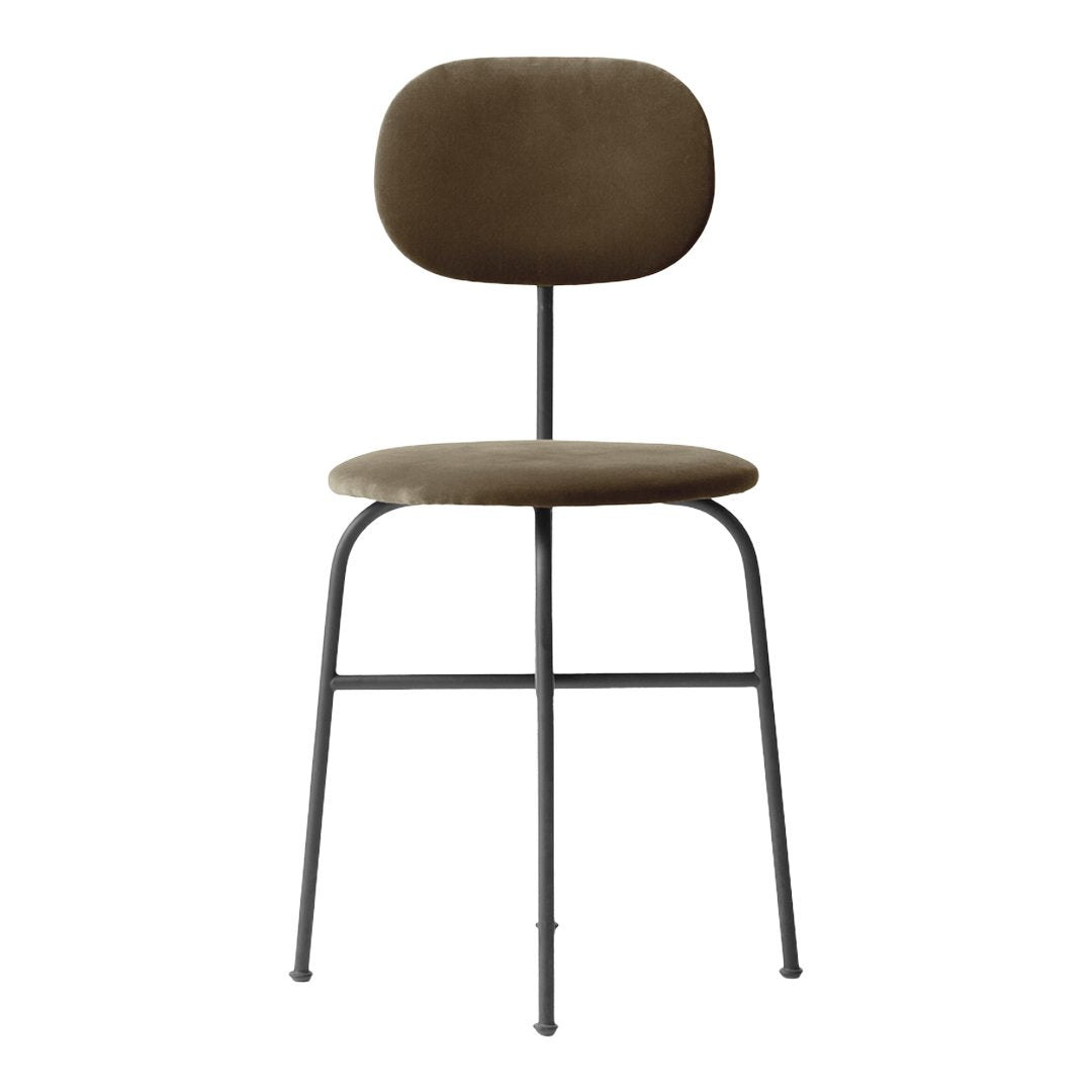 Olive green upholstered chair with a sleek black metal frame, featuring a minimalist design and curved backrest.